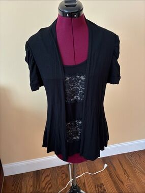 INC International Concepts Black Lace-Inset Short Sleeve Tunic, size M